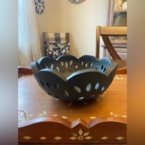 Studio art ceramic pottery with pierced sides and scalloped edge matte black